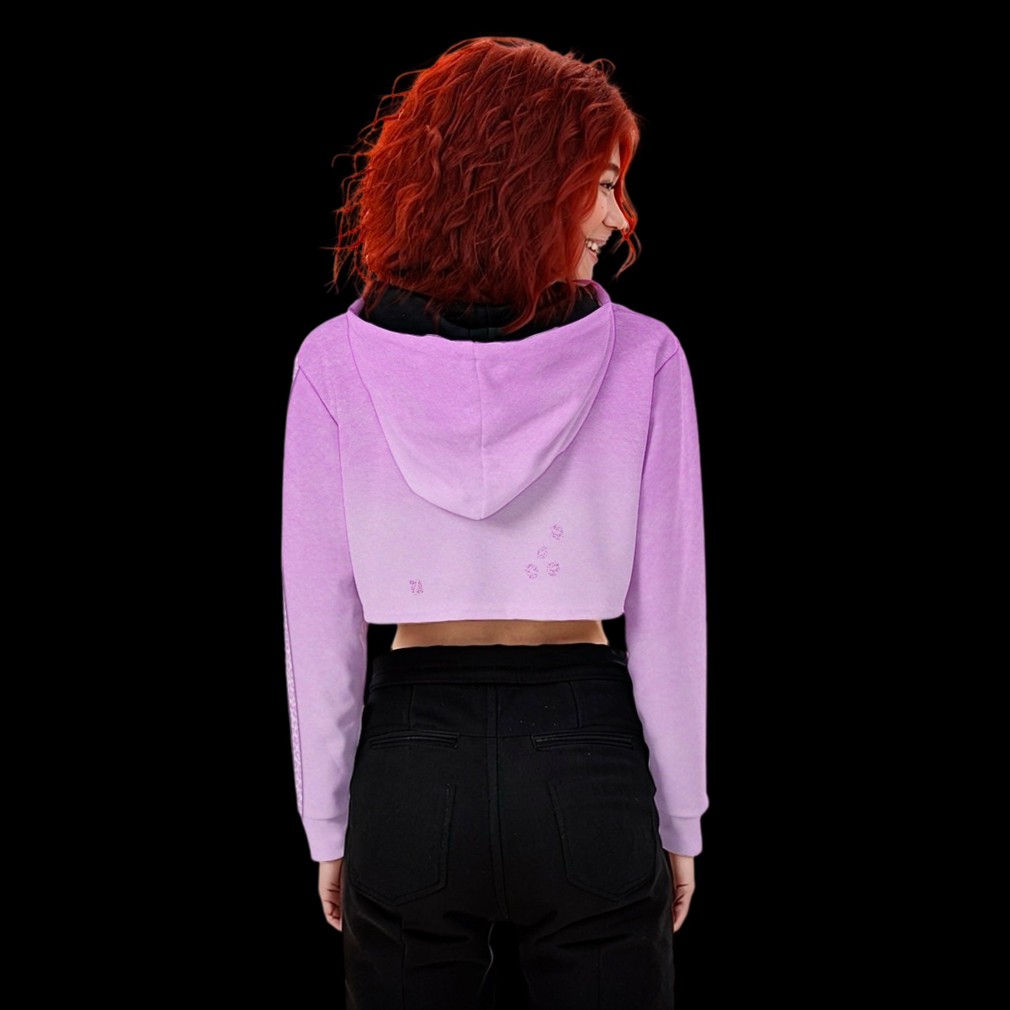 back view of a woman wearing a pink ombre contrast stripe cropped hoodie 