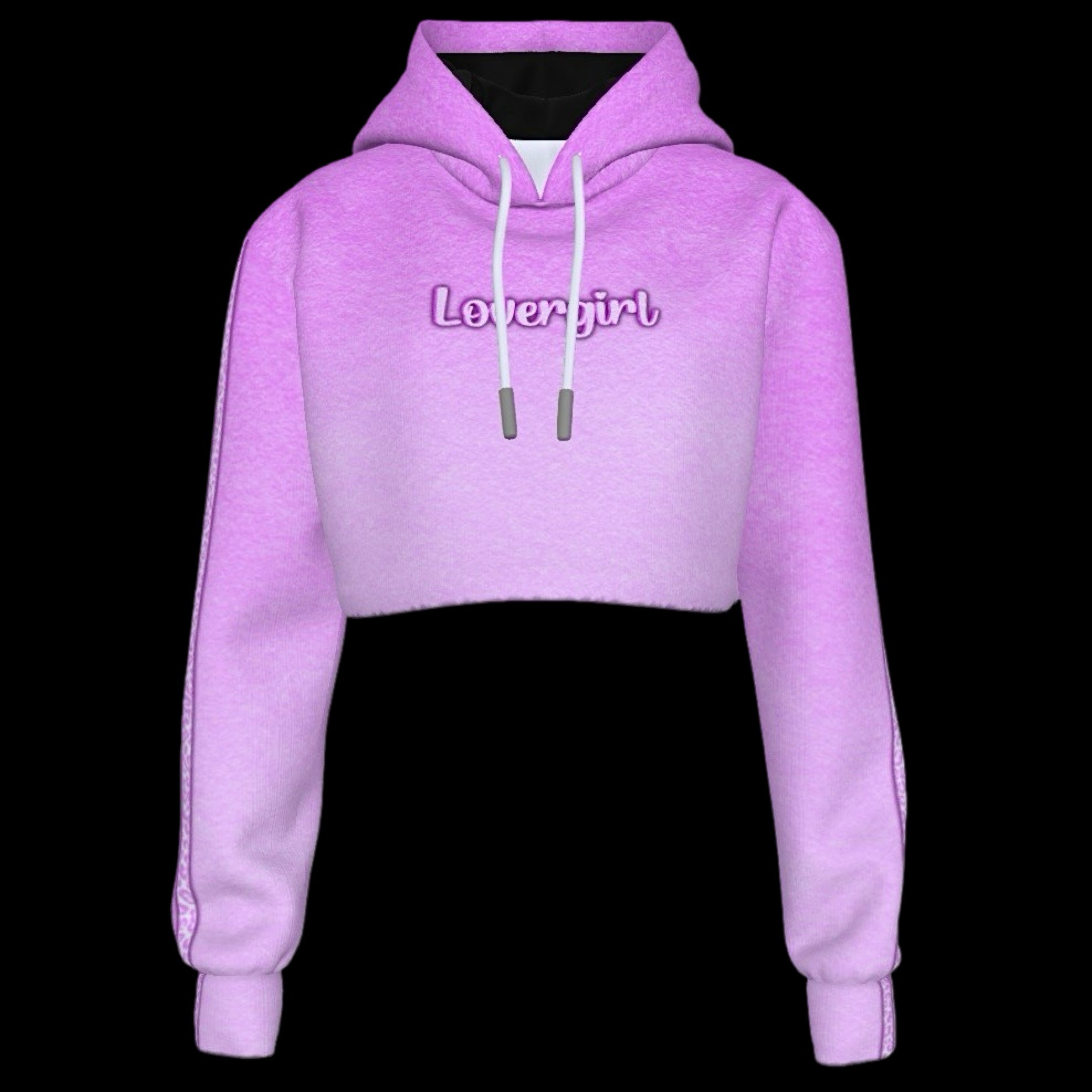 flat lay of pink ombre contrast stripe cropped hoodie with drawstring neckline with lovergirl text graphic printed across the chest
