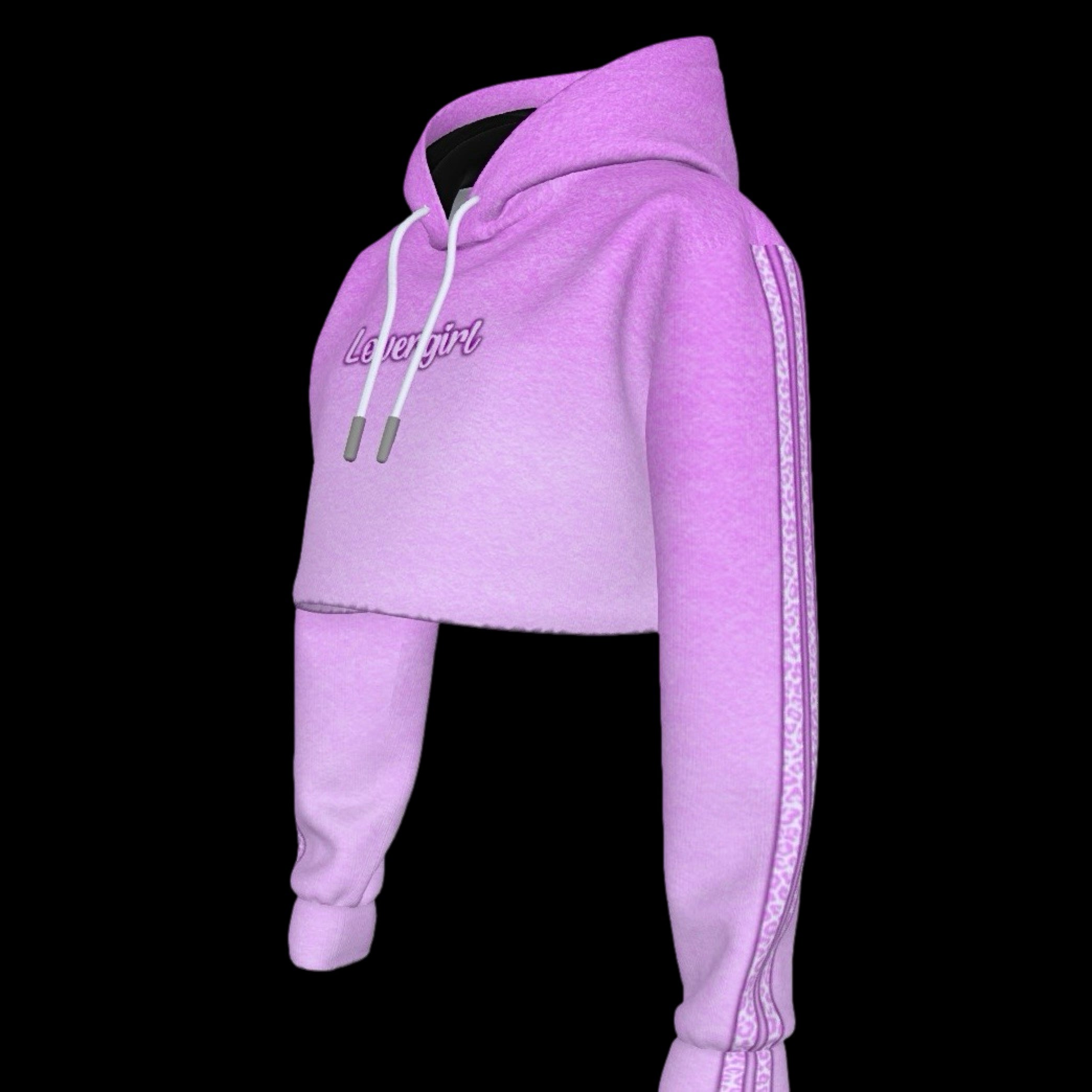 side view of pink ombre contrast stripe cropped hoodie with drawstring neckline with lovergirl text graphic printed across the chest