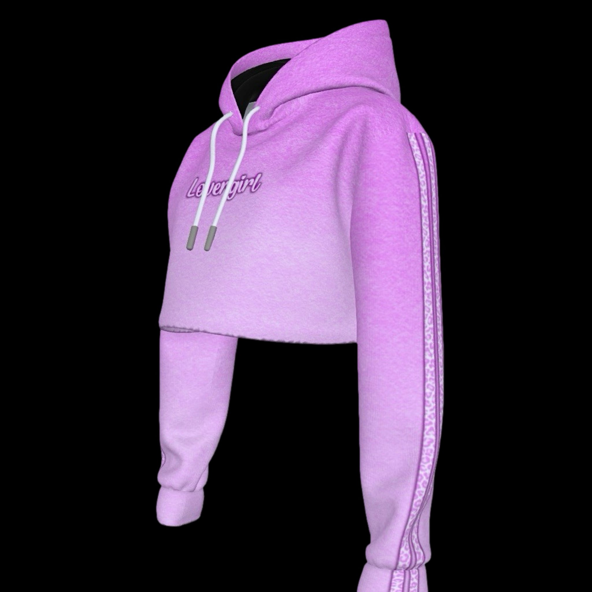 side view of pink ombre contrast stripe cropped hoodie with drawstring neckline with lovergirl text graphic printed across the chest