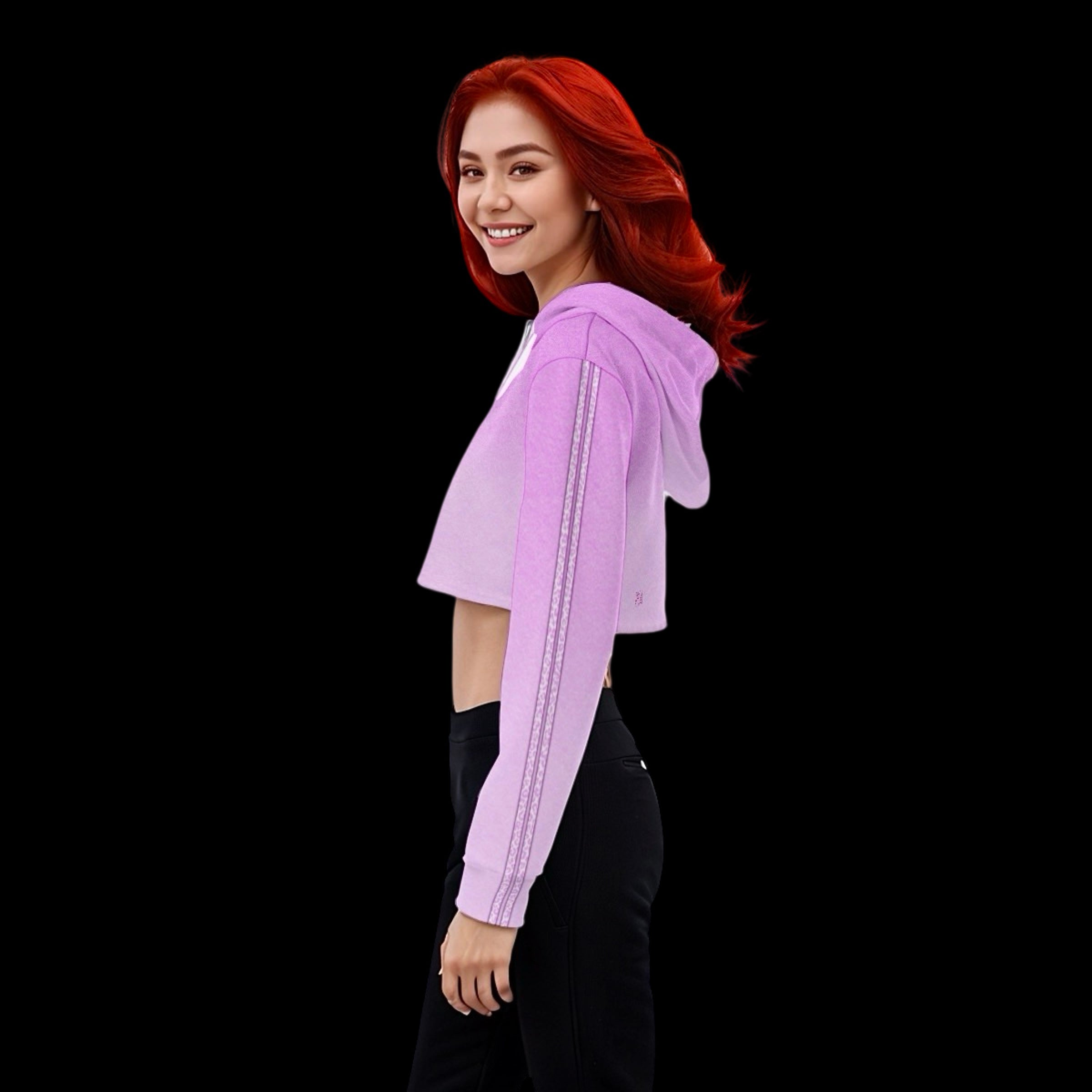 woman wearing pink ombre contrast stripe cropped hoodie with drawstring neckline with lovergirl text graphic printed across the chest