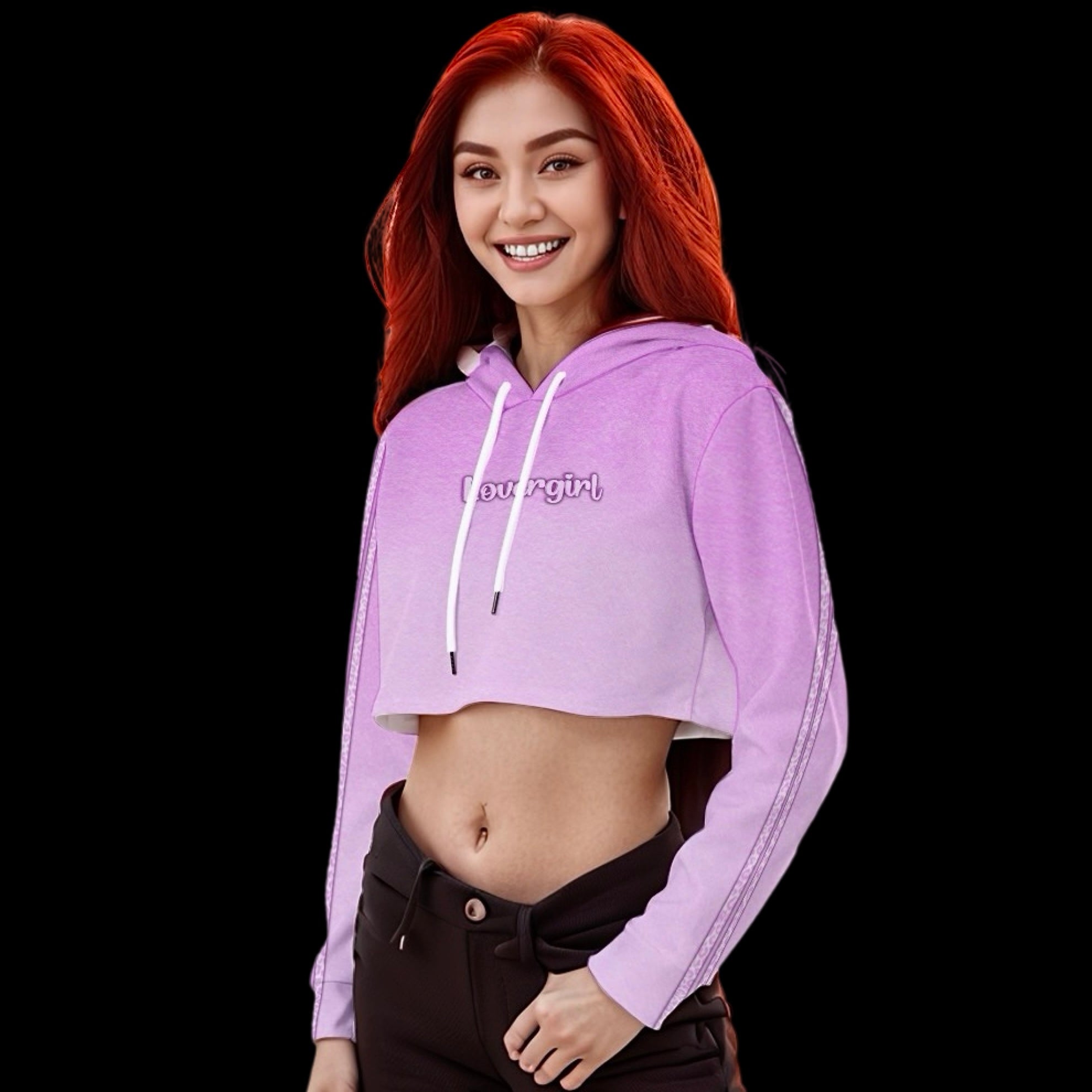 woman wearing pink ombre contrast stripe cropped hoodie with drawstring neckline with lovergirl text graphic printed across the chest