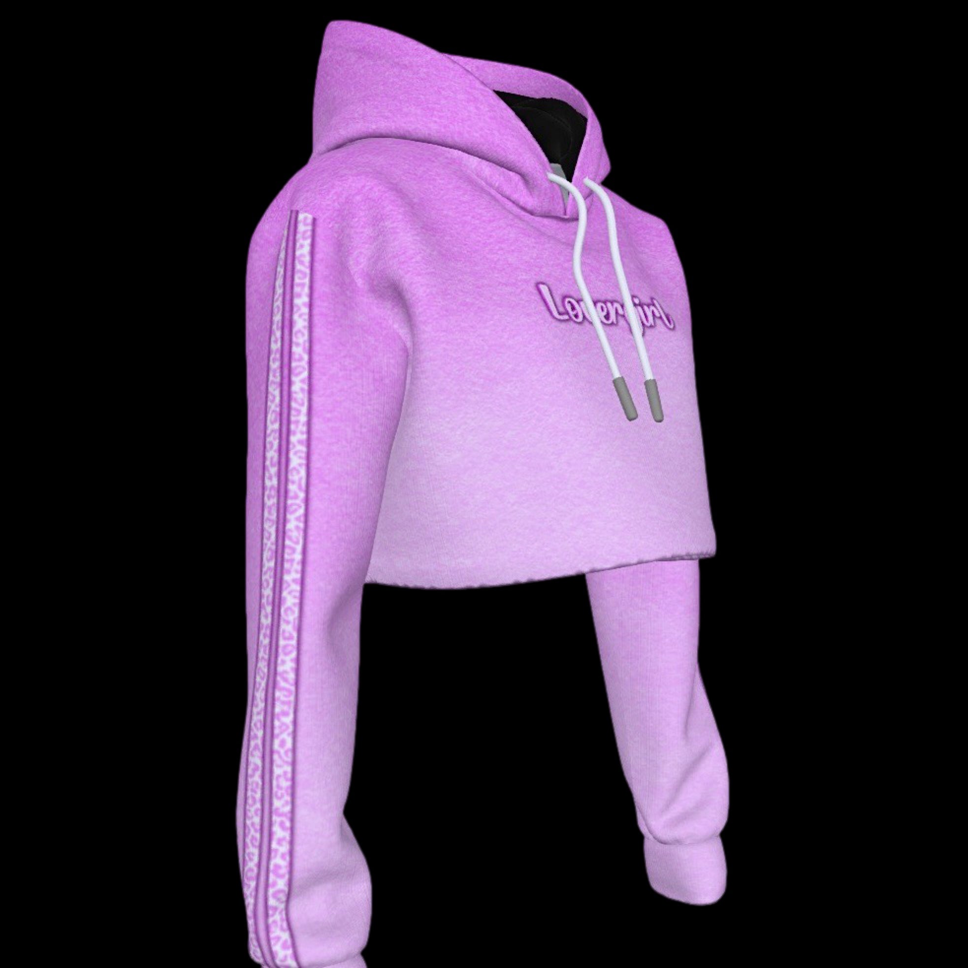 side view of pink ombre contrast stripe cropped hoodie with drawstring neckline with lovergirl text graphic printed across the chest