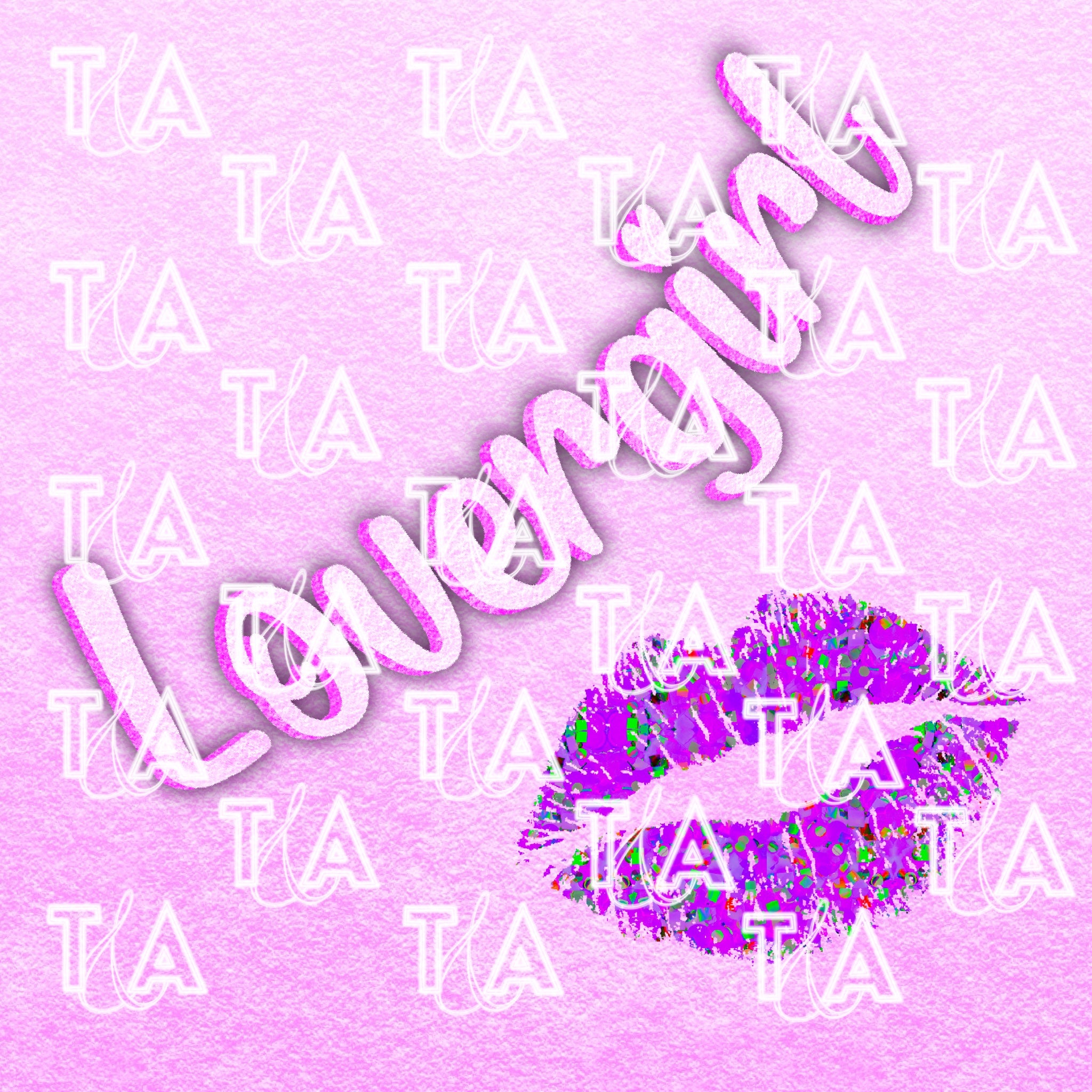 Lovergirl text print with purple kiss mark design against a pink ombre textured background