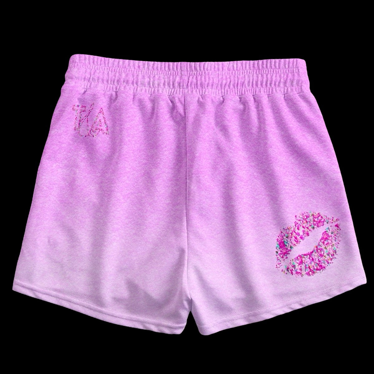 Back view of pink ombre lovergirl shorts with kiss mark design and subtle T&A logo