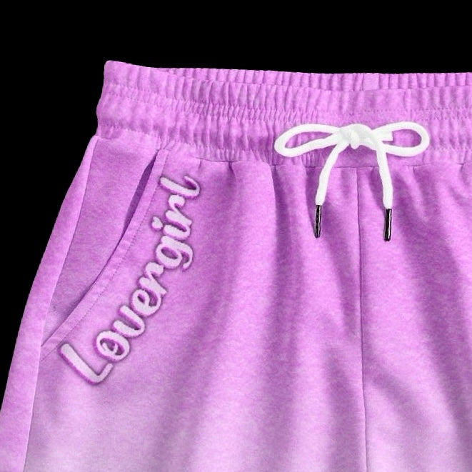 close up shot of pink ombre lovergirl shorts with drawstring and 