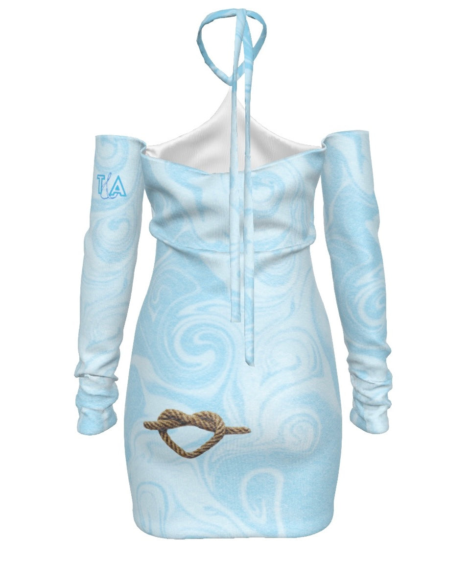 Light blue long sleeve backless halter dress with white patterns and western designs on a white background