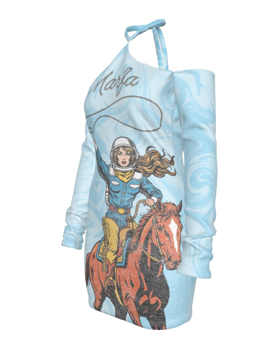 a halter long sleeve light blue dress with a graphic of a cowgirl on a horse and Marfa text on a white background.