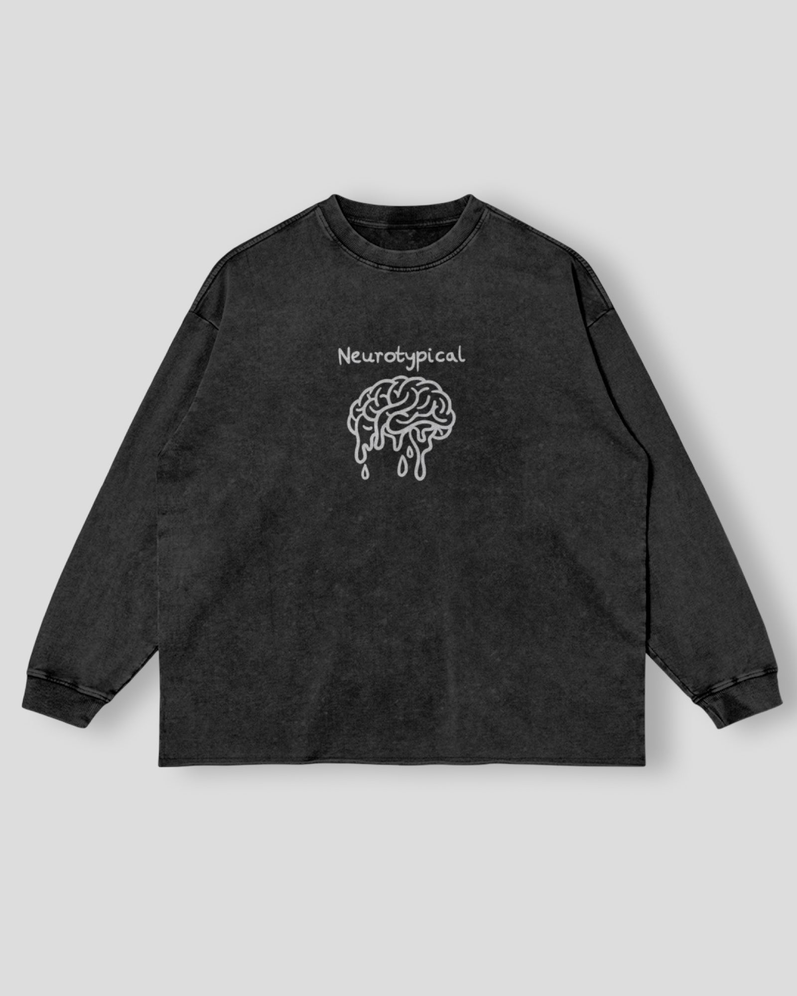 Black sweatshirt with brain graphic and 'Neurotypical' text embroidered on a light gray background