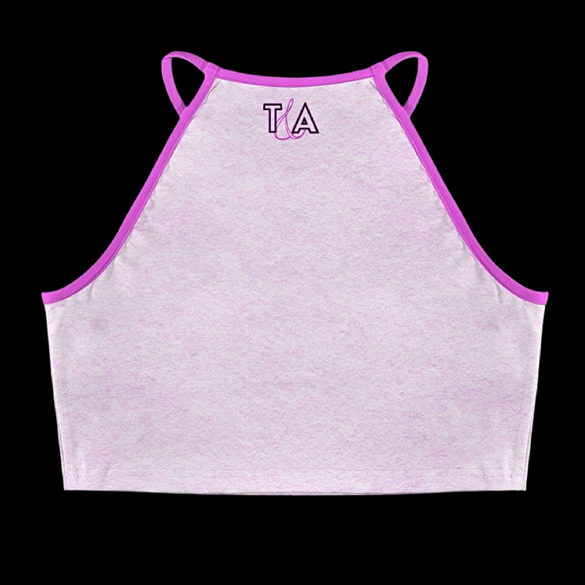 Flat lay image of a light pink halter crop top with contrast trim and a small t&a logo against a plain background