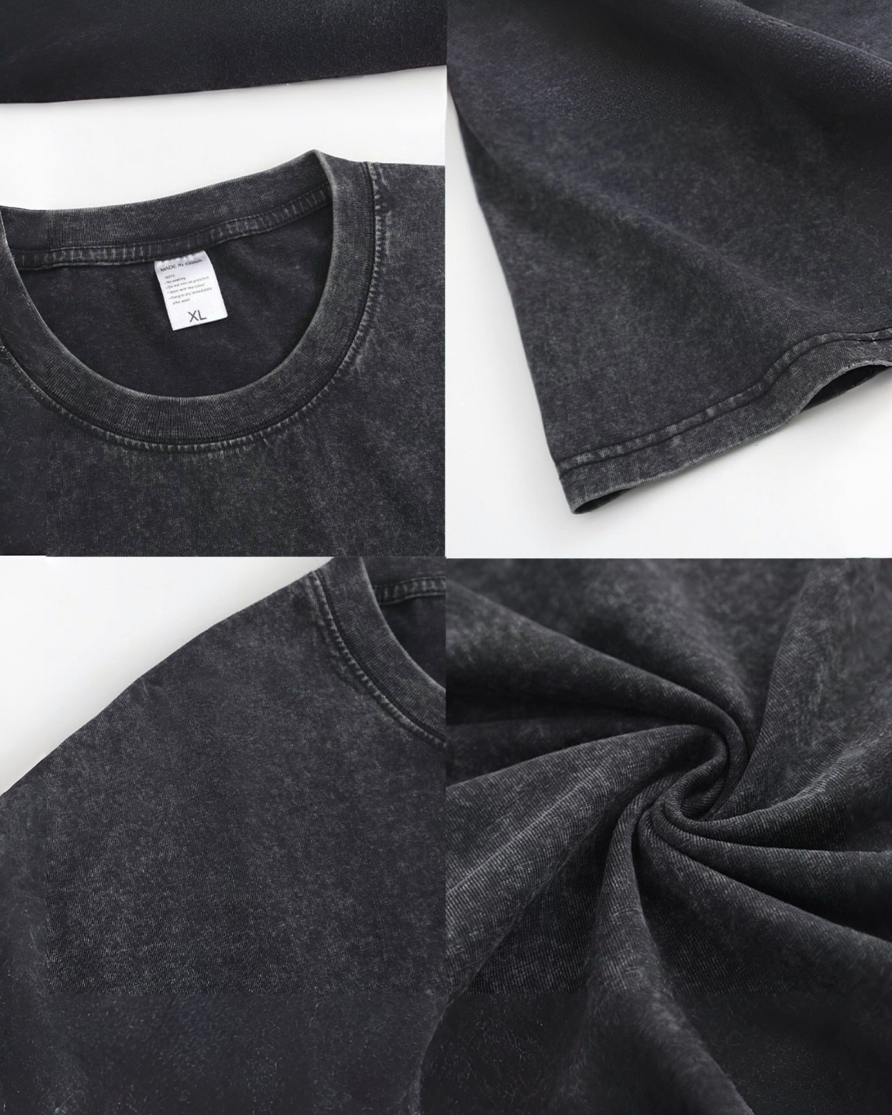 Collage of a black heavyweight cotton t-shirt showing different angles and details on a white background