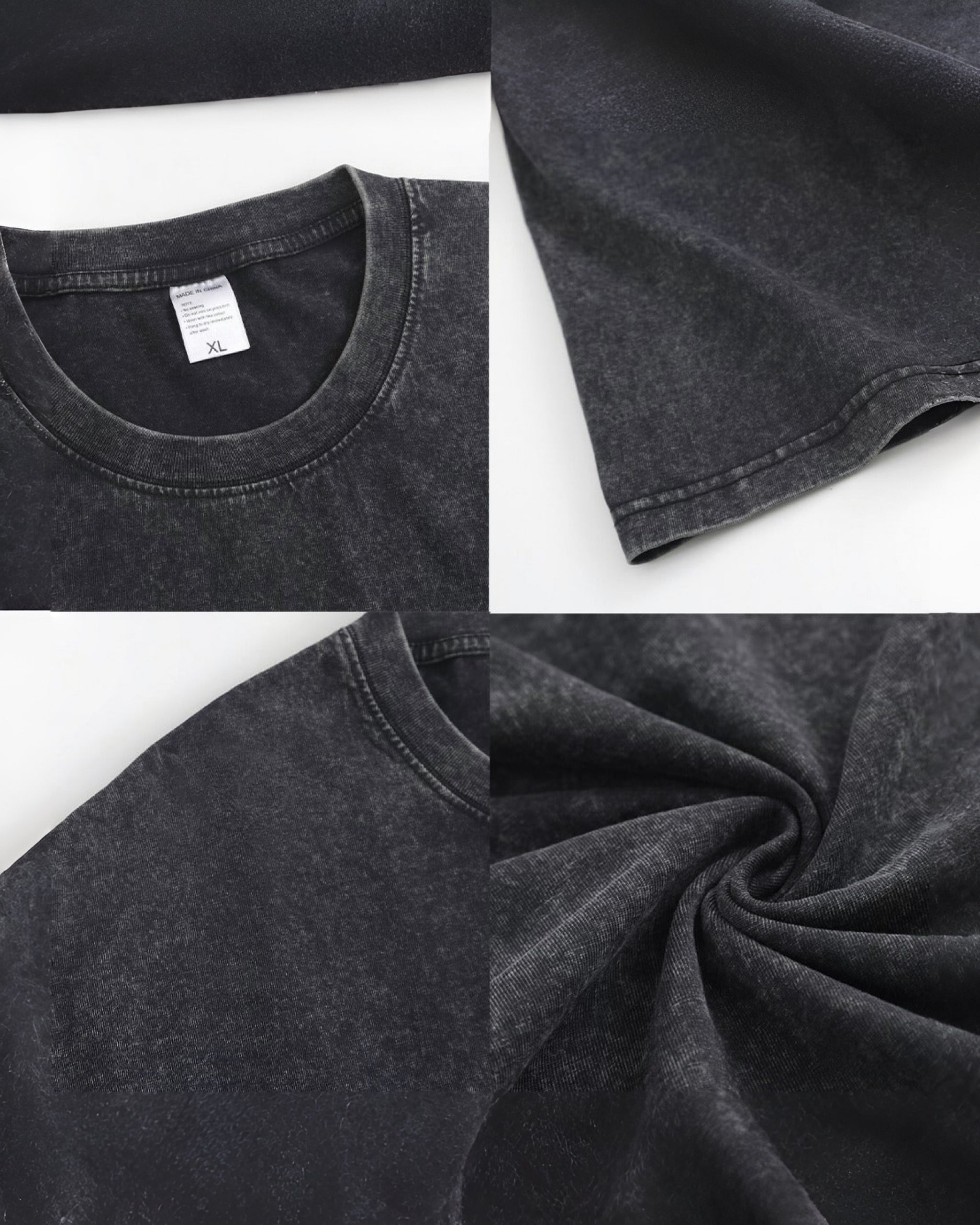 Collage of a black heavyweight cotton t-shirt showing different angles and details on a white background