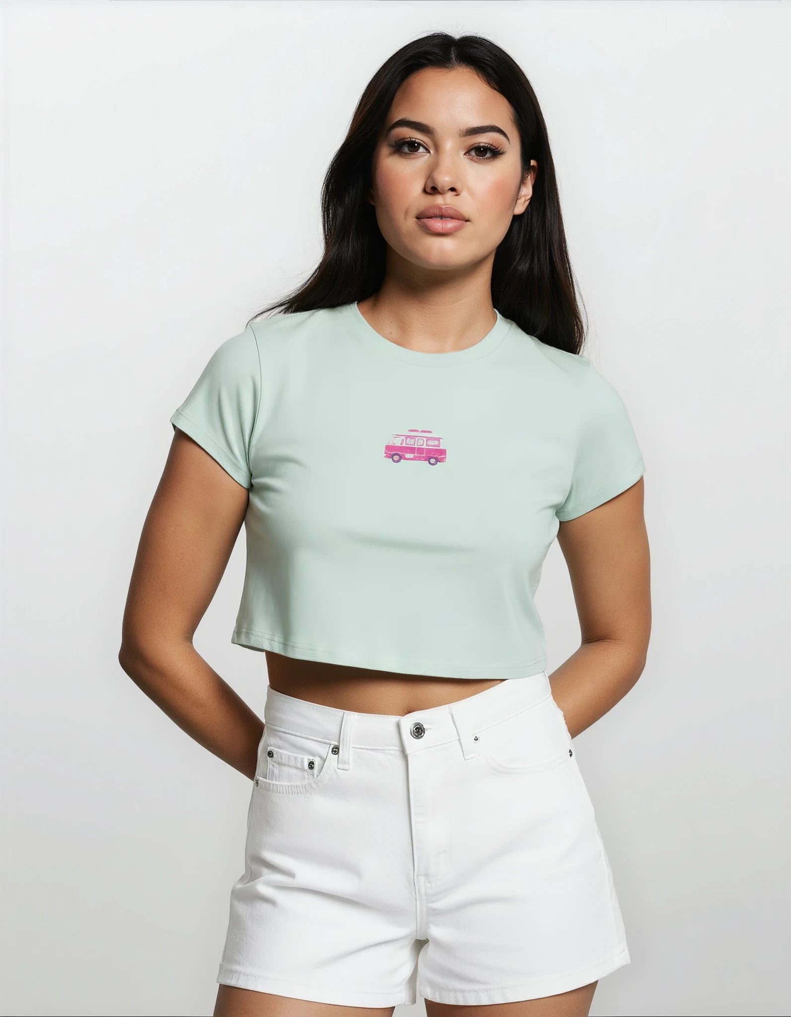 Woman wearing a light blue crop cotton baby tee with an embroidered design of a pink camper van against a white background