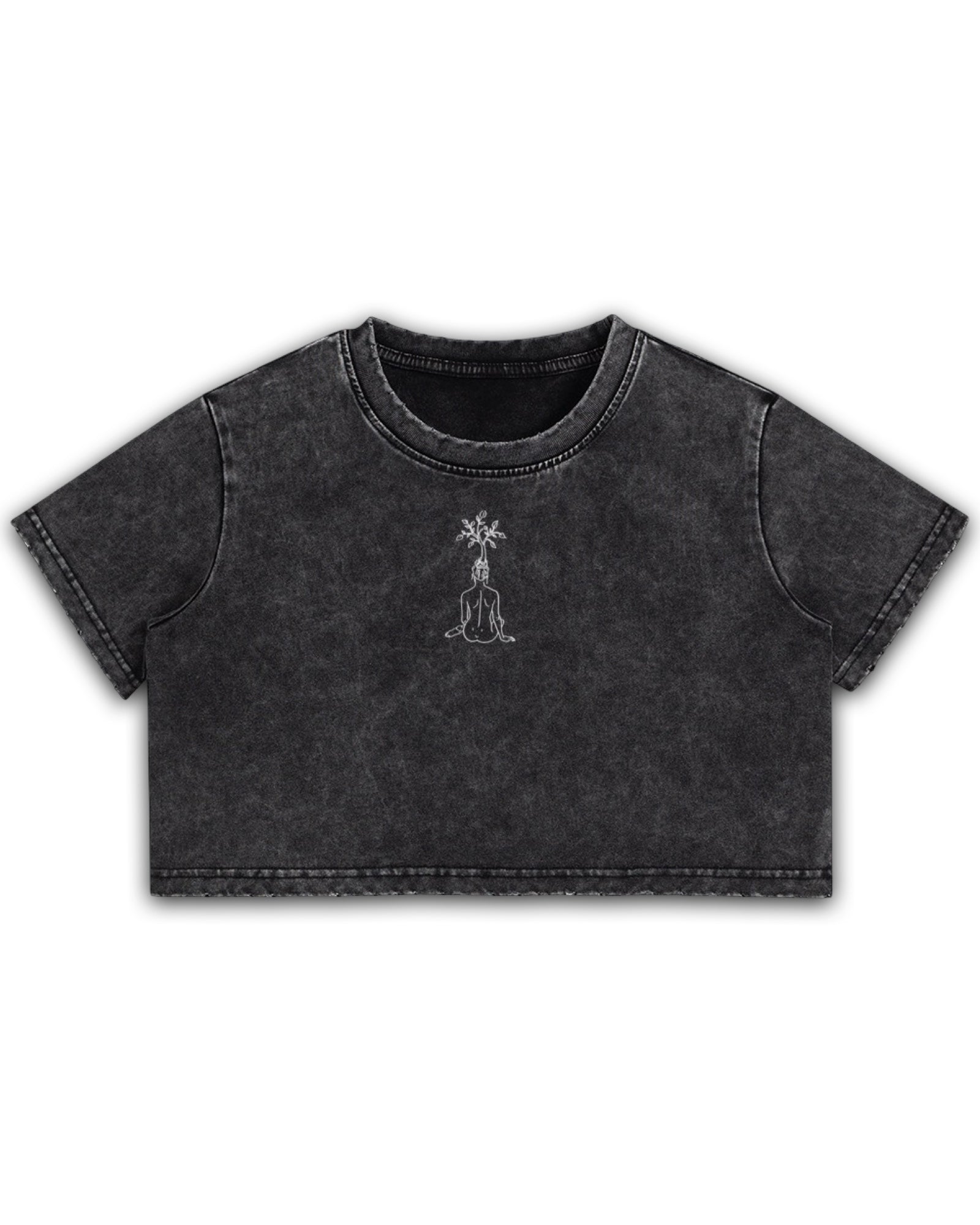 Black vintage washed cropped t-shirt with a small embroidery of a woman displayed against a white background