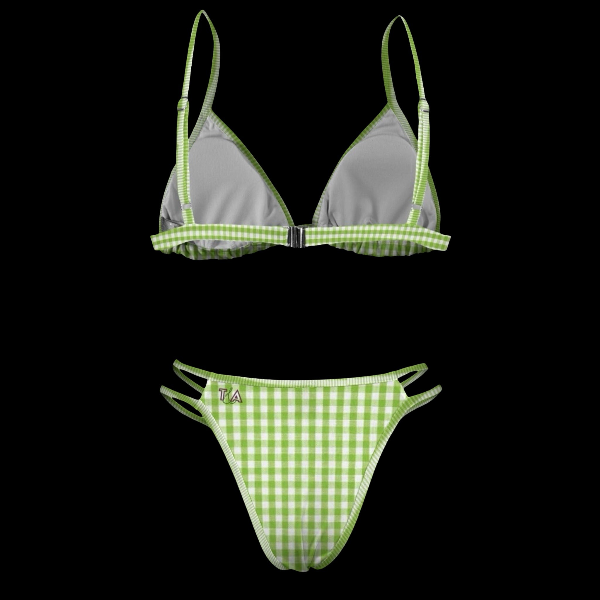 back of green gingham bikini with adjustable straps and strawberry design