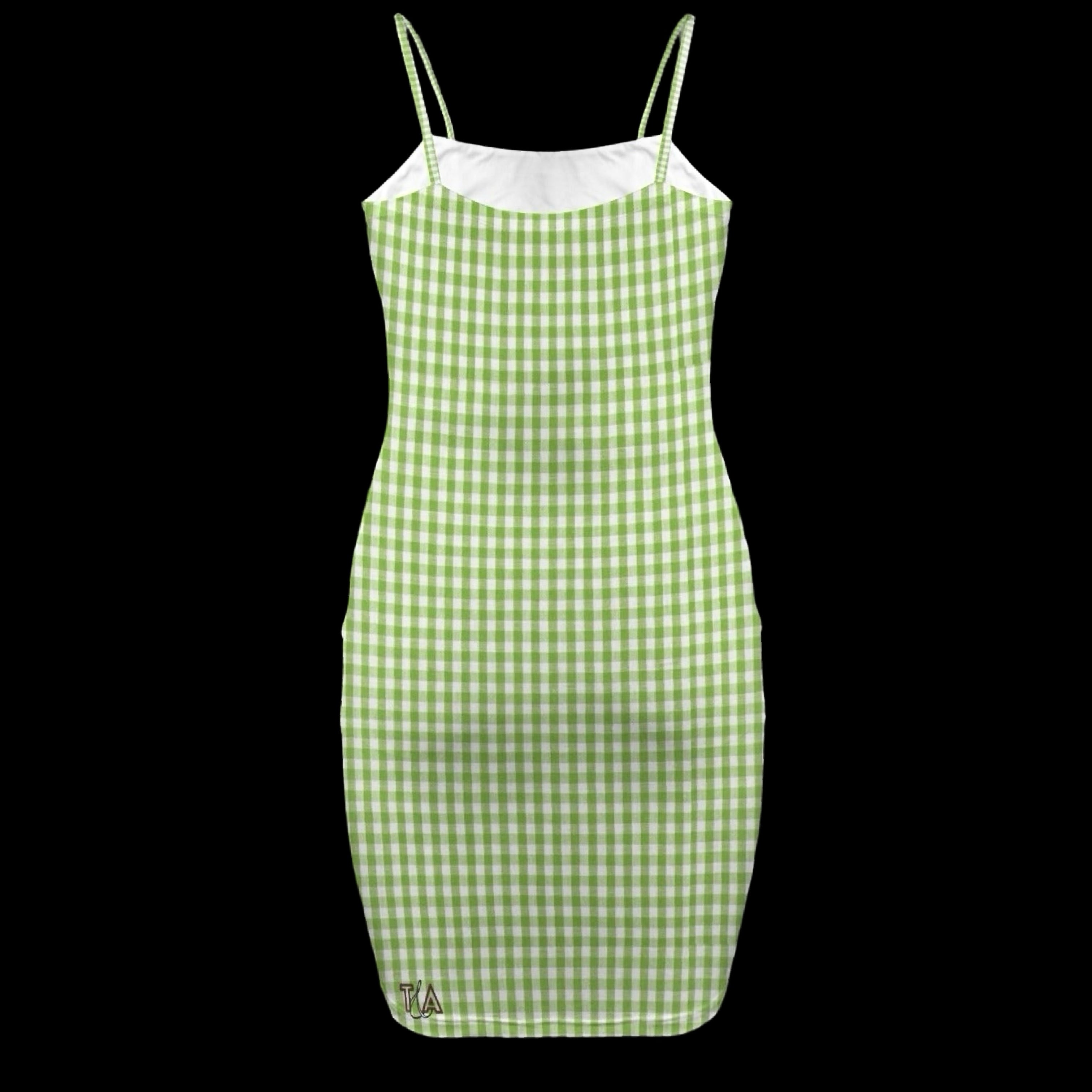 green gingham bodycon dress with spaghetti straps and small T&A logo