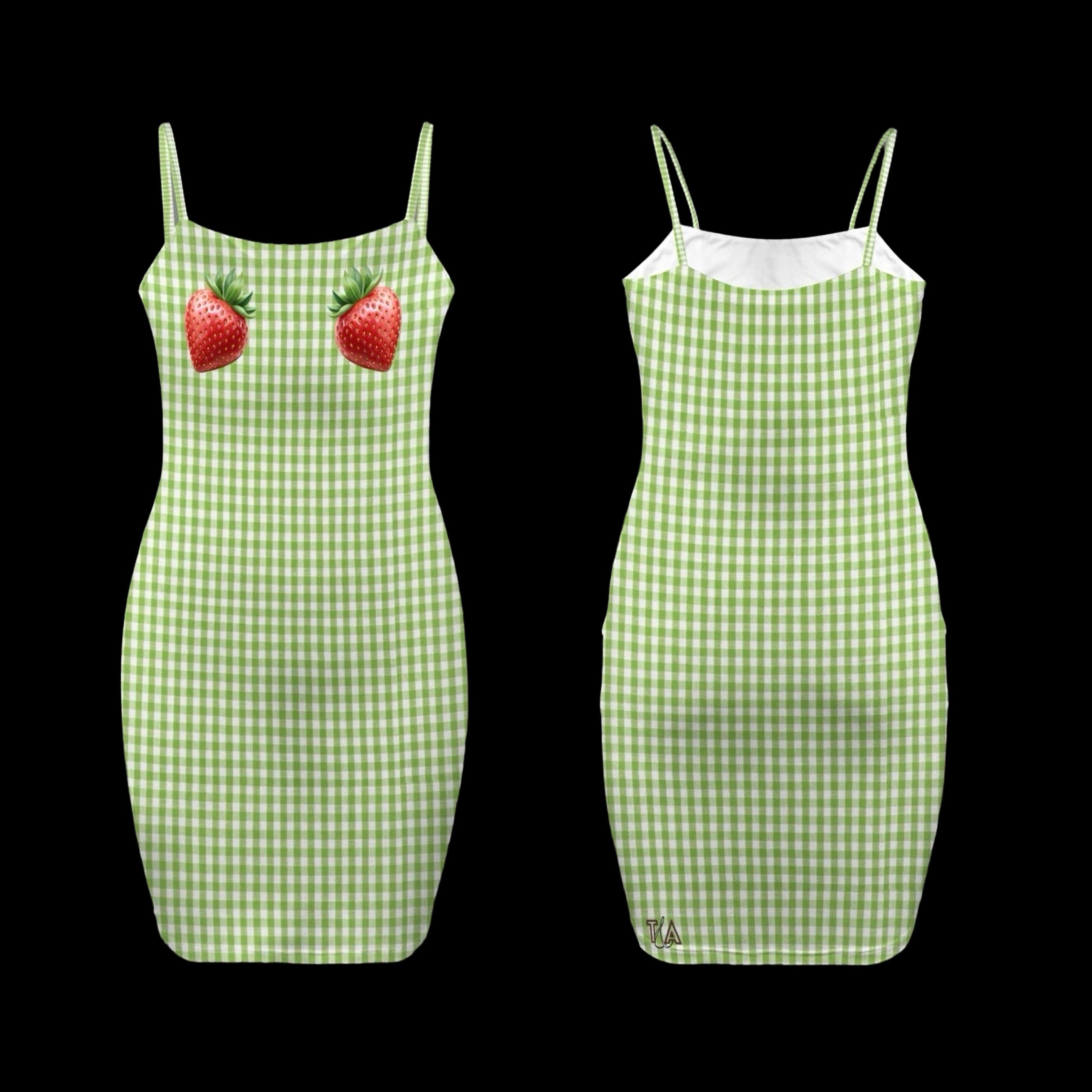 Front and back of a green gingham dress with a strawberry design and small T&A logo