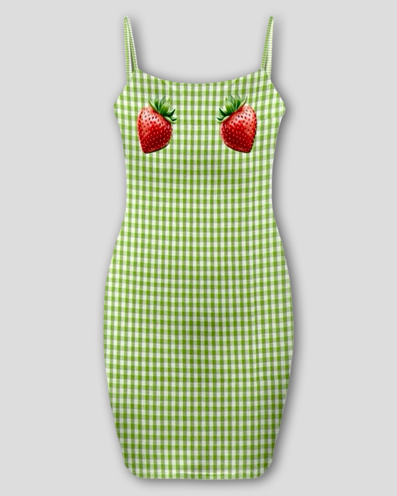 Green gingham dress with strawberry appliqués on a gray background