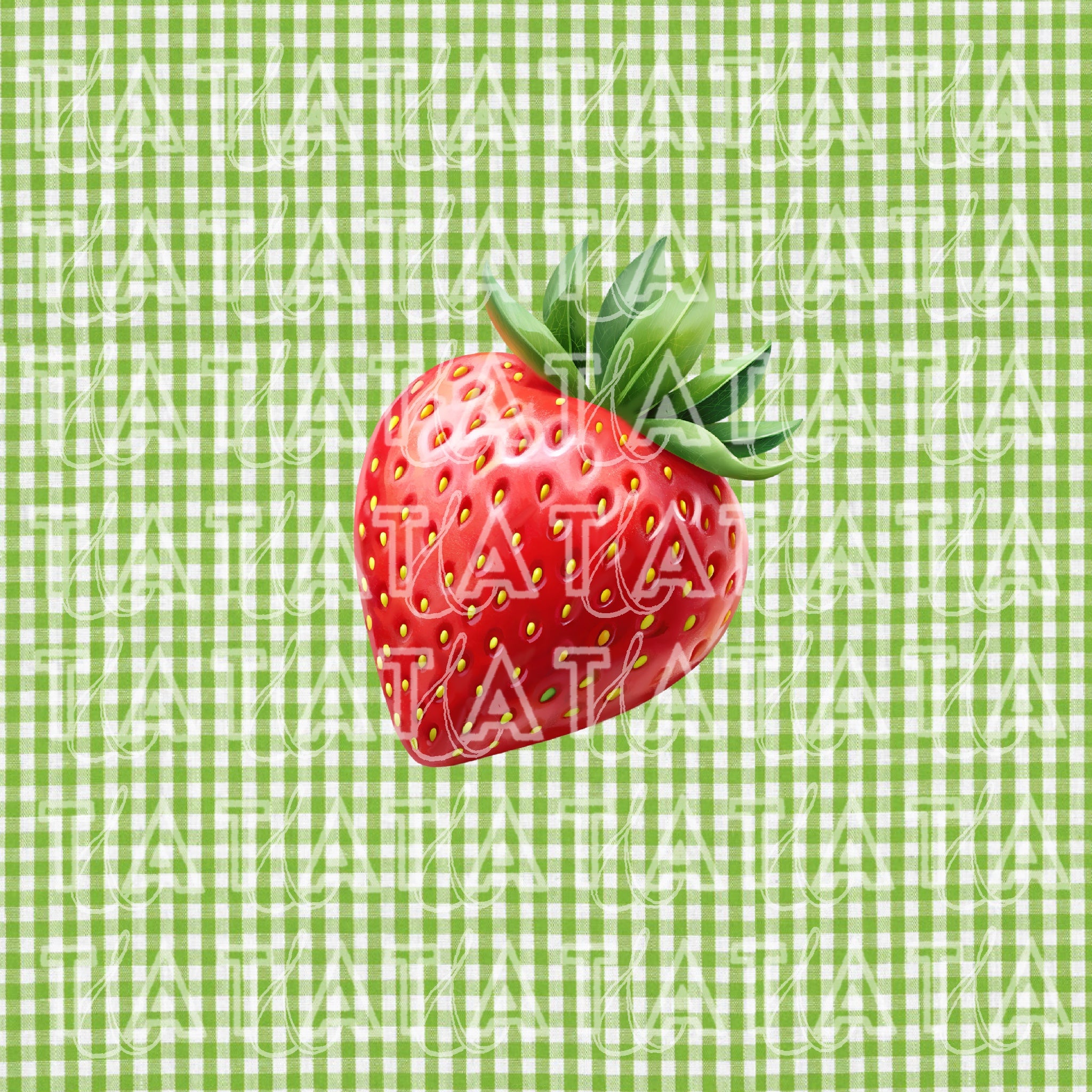 green gingham background with strawberry graphic