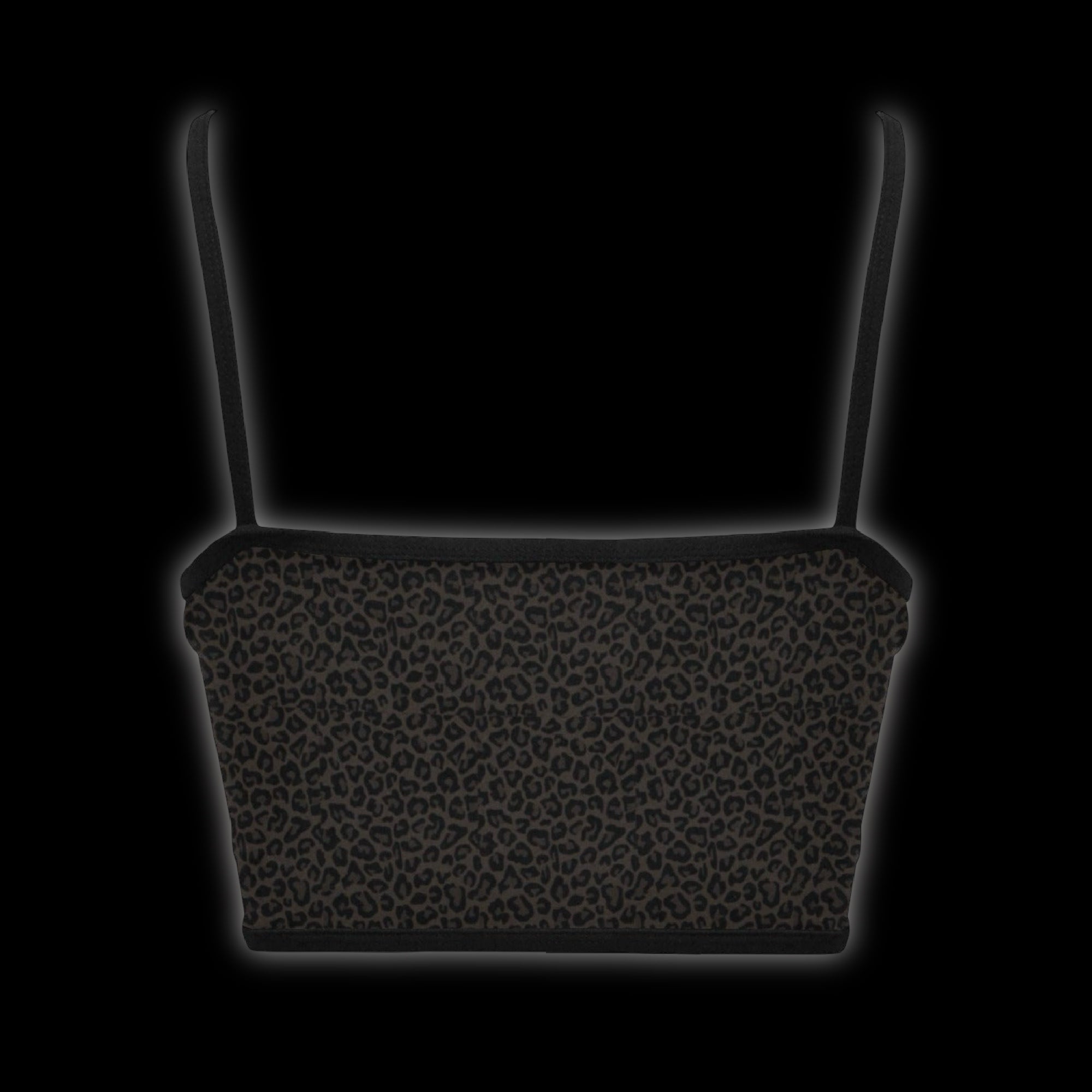 black flat lay view of a dark brown leopard print spaghetti strap cami crop top with text graphic that reads  