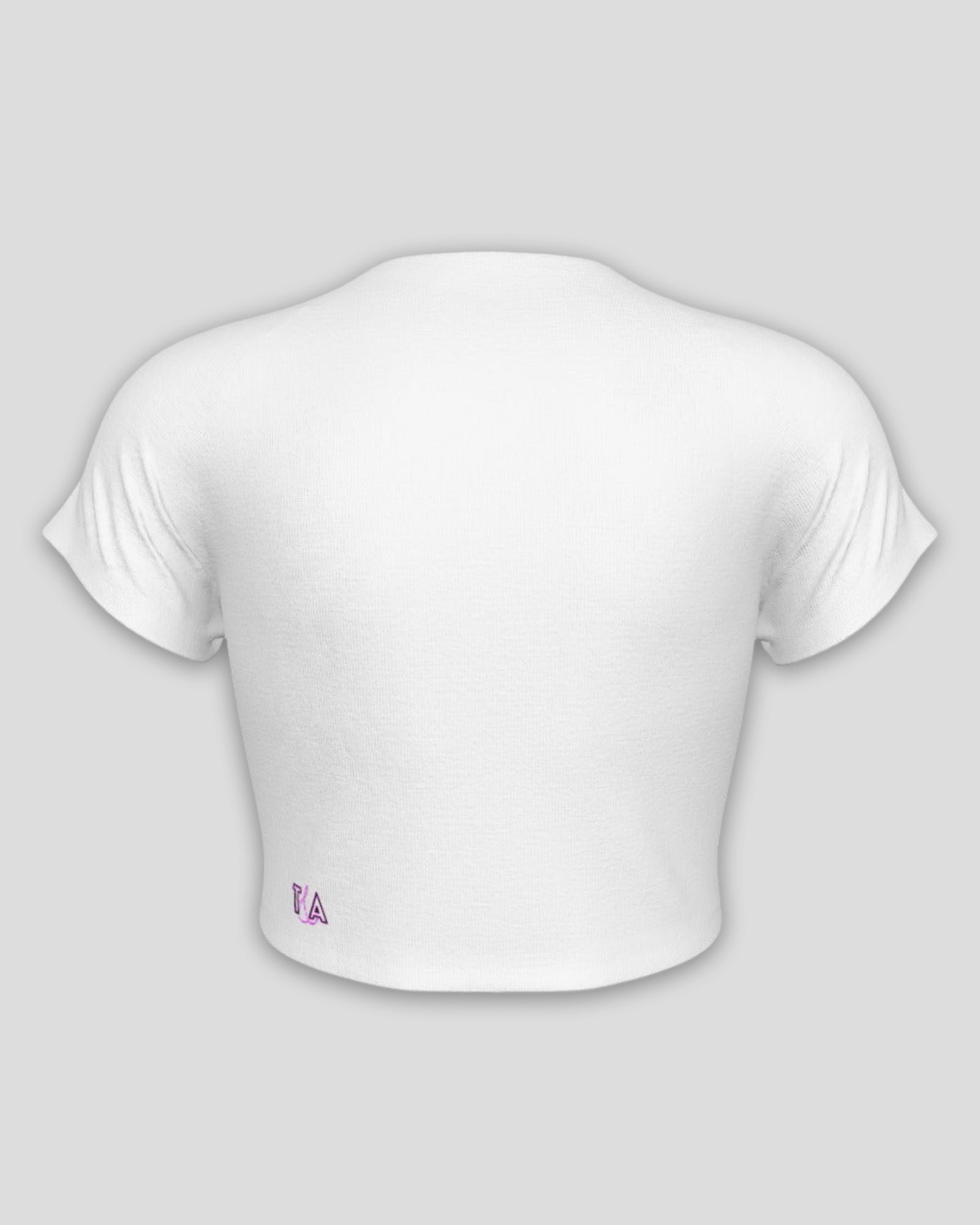 White baby tee with a small T&A logo on the back against a light gray background