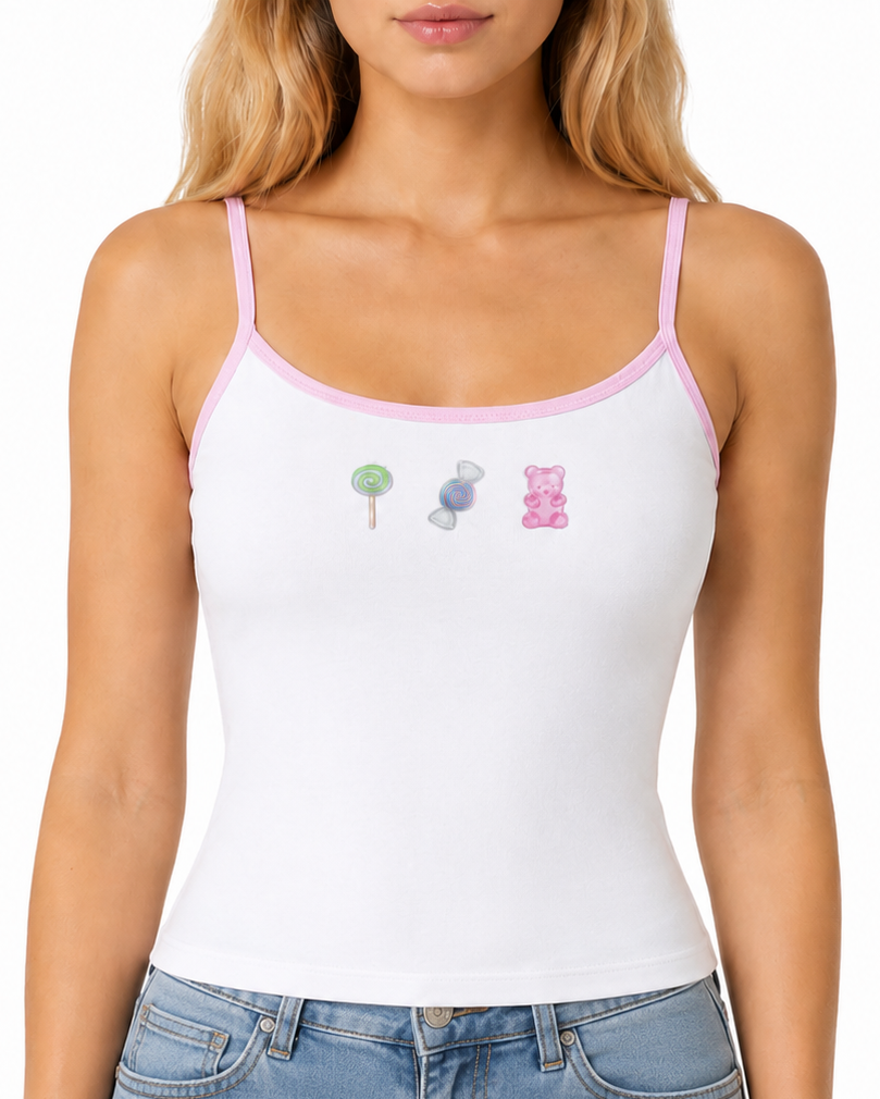 White tank top with colorful designs on a white background
